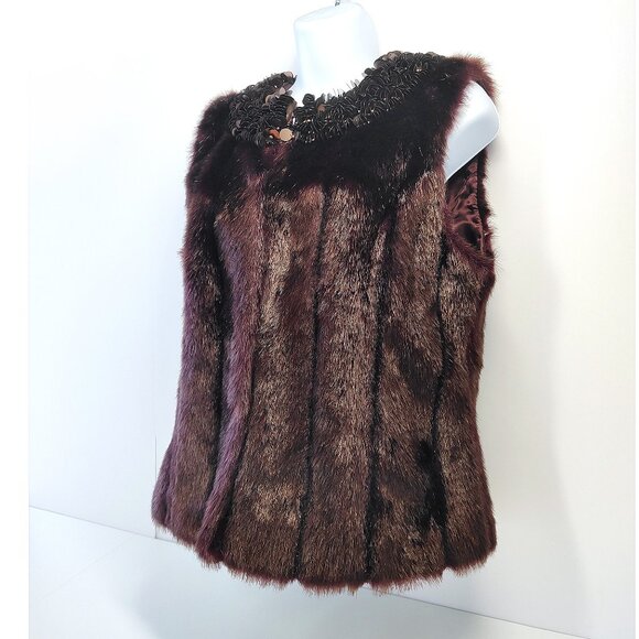 Fabulous Fur Vest Vegan Brown Plum Beaded Embellished Neck S Donna Salyers - Picture 3 of 9